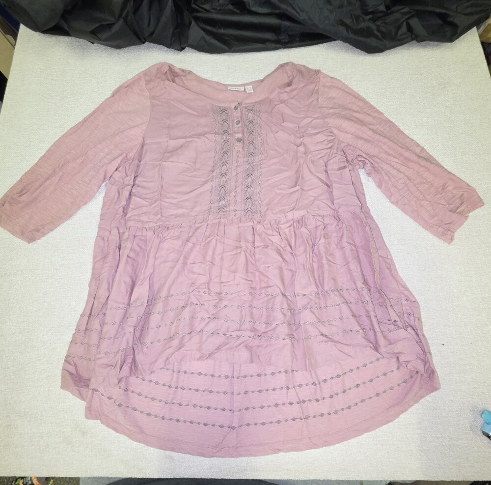 LOGO by Lori Goldstein Women's 24W Pink Embroidered Boho Peasant Tunic Top